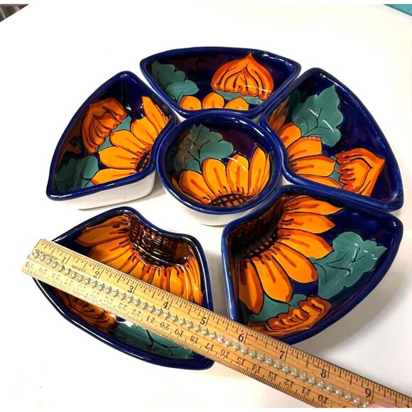 Talavera Mexican Hand Painted Sunflower Pottery 6 Piece Sectional Serving Dish / - Picture 6 of 6